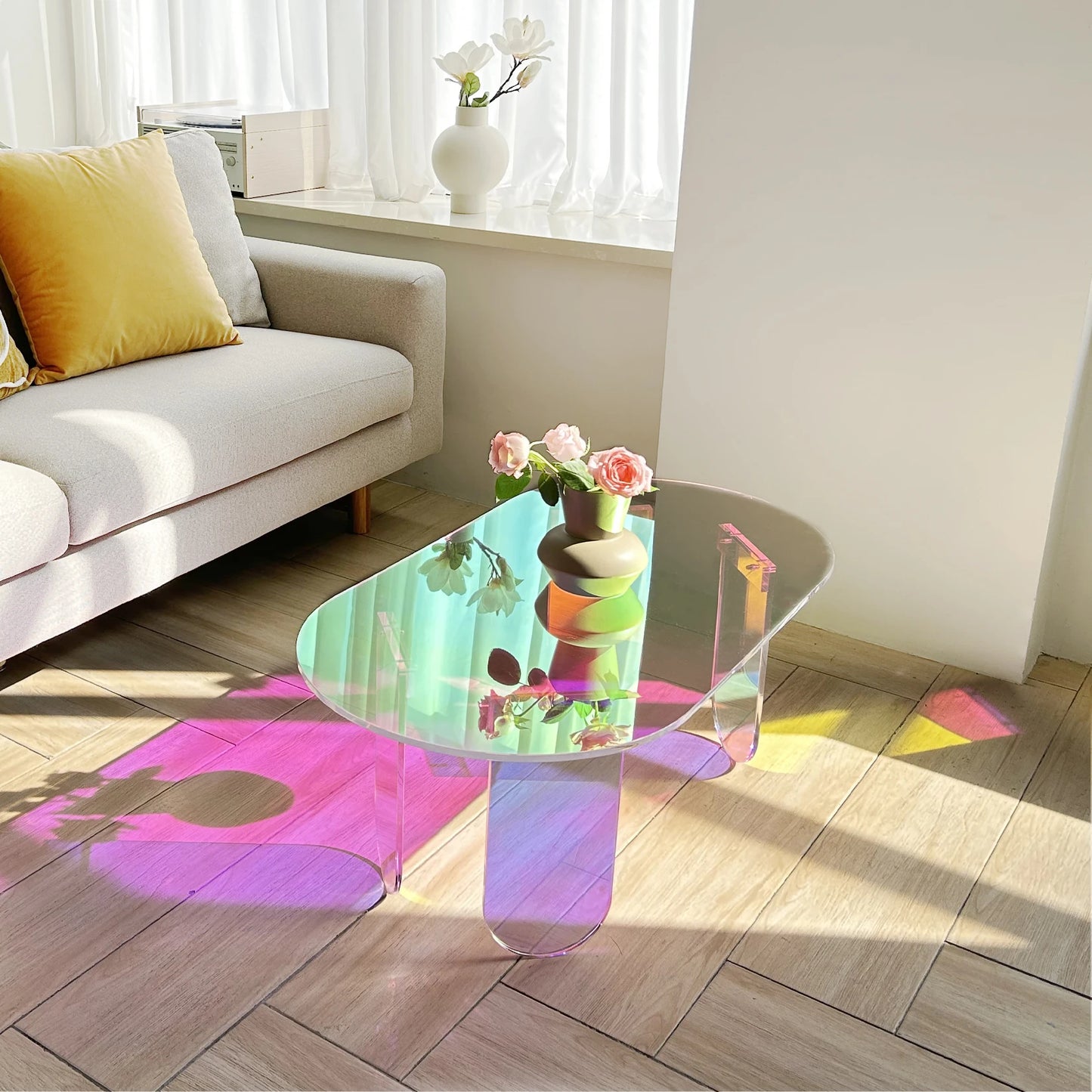 Acrylic Coffee Table, Iridescent Acrylic End Table, Colorful Acrylic Side Table 37.4 in (L) X 19.7 in (W) X 14.2IN (H)