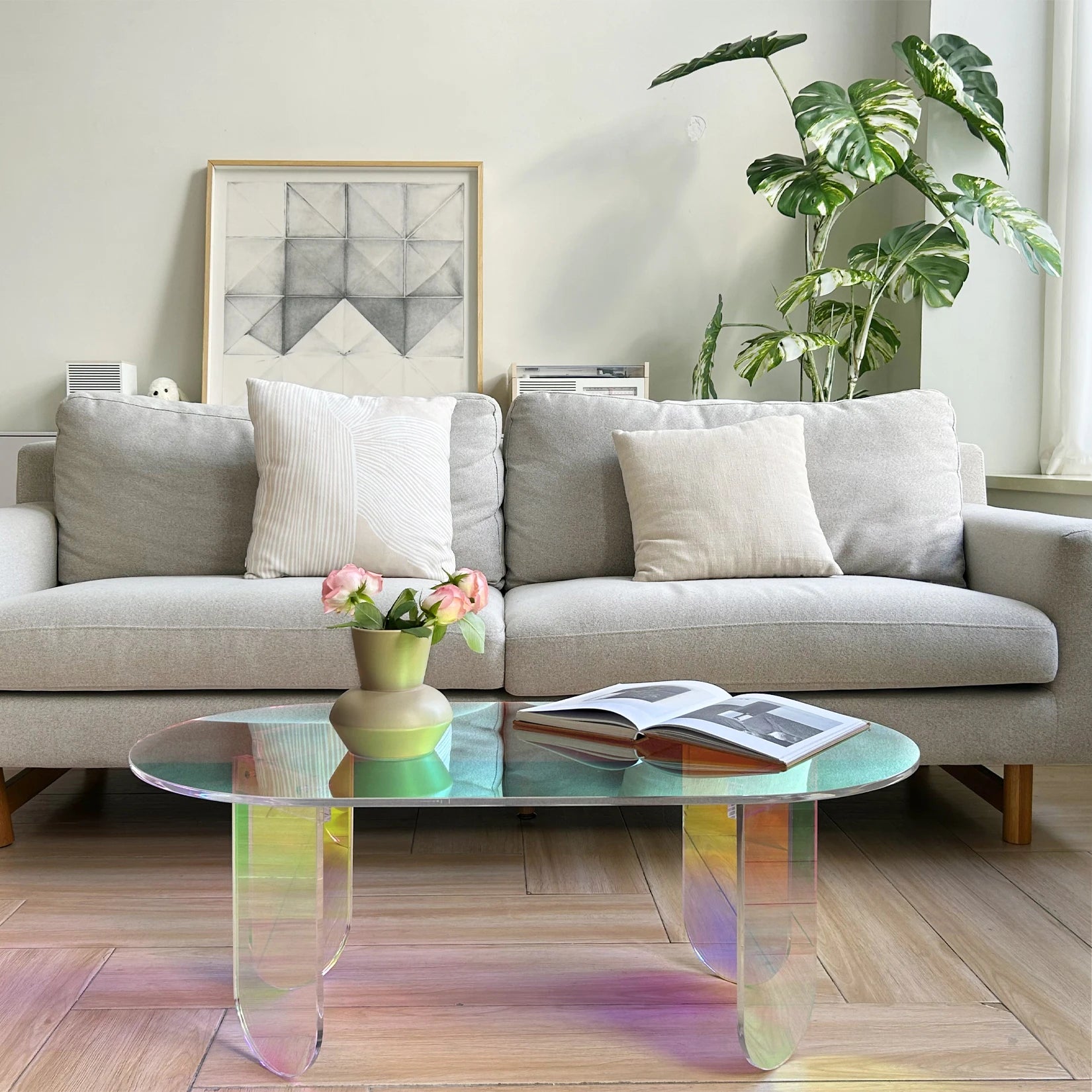 Acrylic Coffee Table, Iridescent Acrylic End Table, Colorful Acrylic Side Table 37.4 in (L) X 19.7 in (W) X 14.2IN (H)