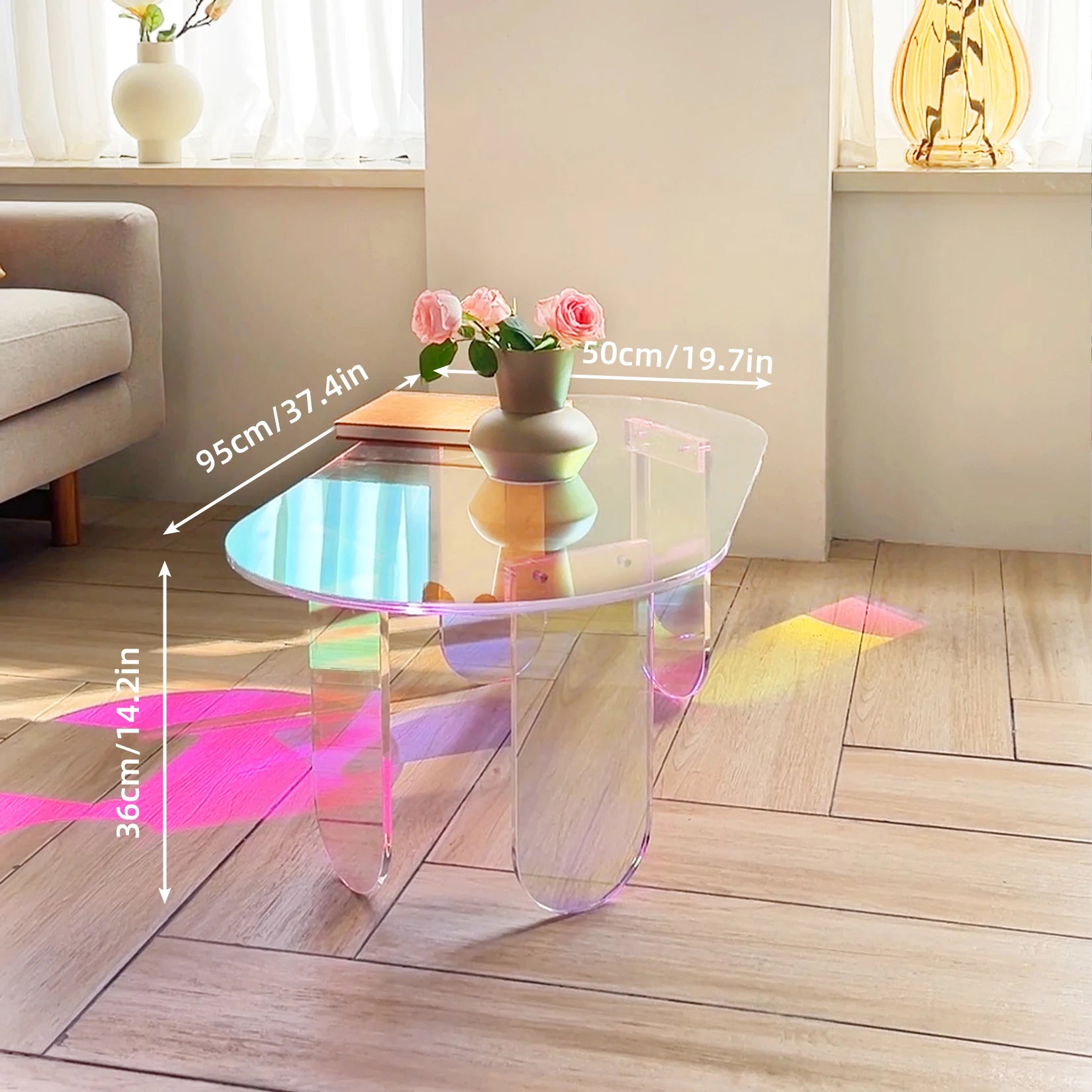 Acrylic Coffee Table, Iridescent Acrylic End Table, Colorful Acrylic Side Table 37.4 in (L) X 19.7 in (W) X 14.2IN (H)